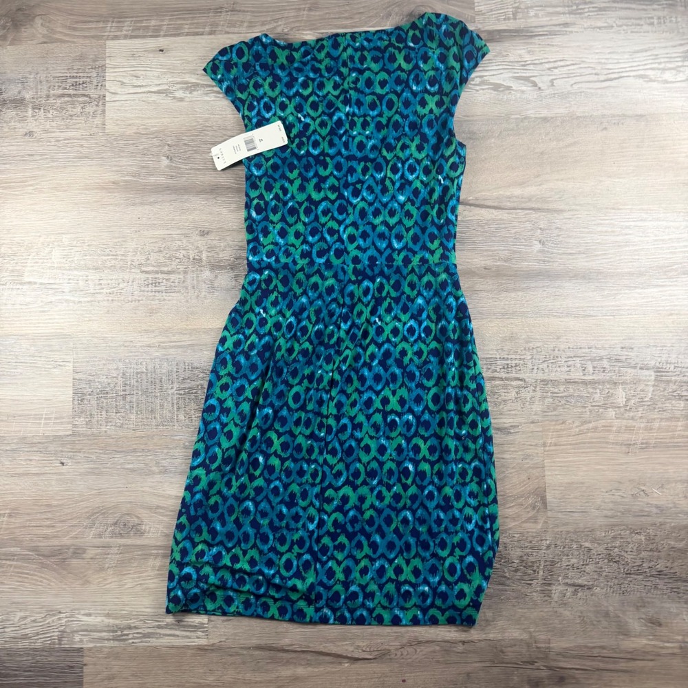 New Lauren Ralph Lauren Blue Green Geometric Twist Front Sheath Dress 8P Party